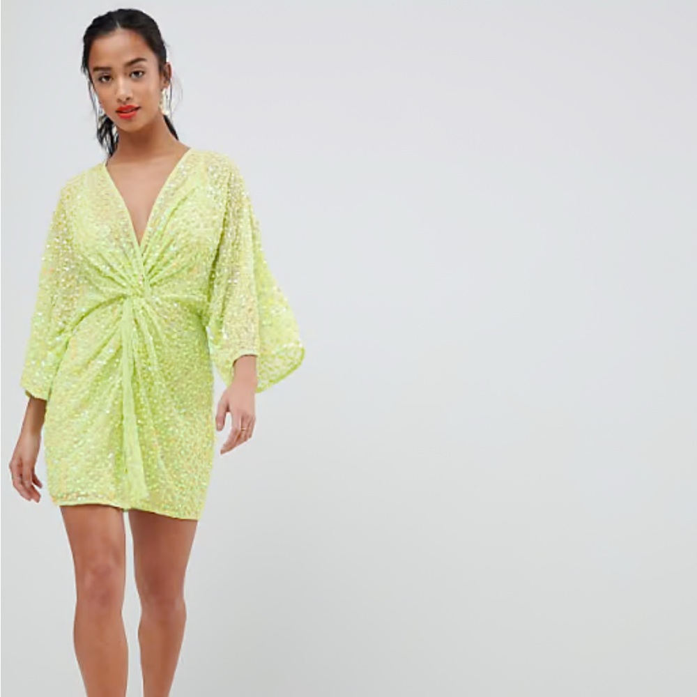 NWT Asos Design Scatter Sequin Knot Front Kimono Mini Dress Size 4
